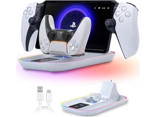 BONAEVER PS5 Portal Charging Station for Playstation Portal Remote Player and PS5 Controller with Charging Cable and RGB Light, Charge Stand Holder...