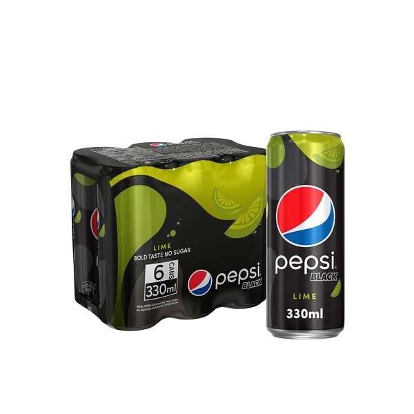 Pepsi black lime carbonated can soft drinks 330ml pack of 6