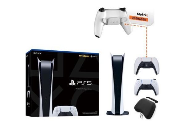 PlayStation 5 Digital Edition Bundle with Additional Mytrix Upgraded PS5 Controller with Remappable Back Paddles and Turbo Function, and Hard Shell...