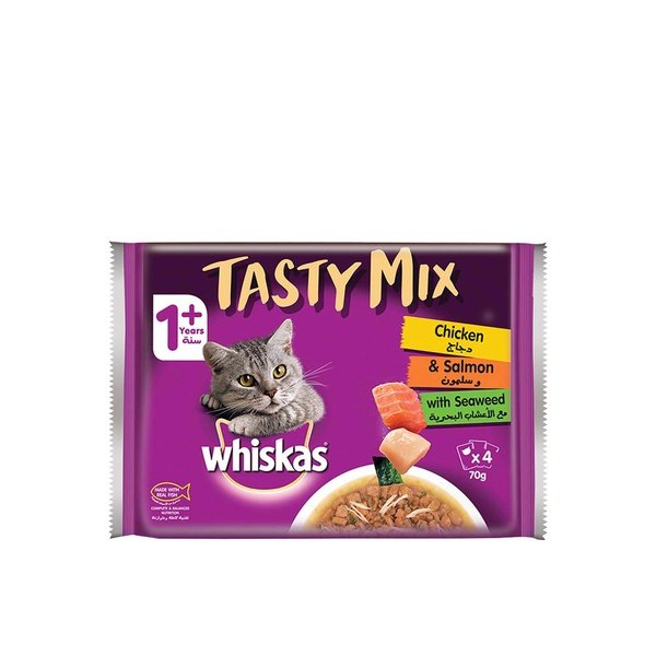 Whiskas adult wet cat food tasty mix chicken and salmon with seaweed 4 x 70g
